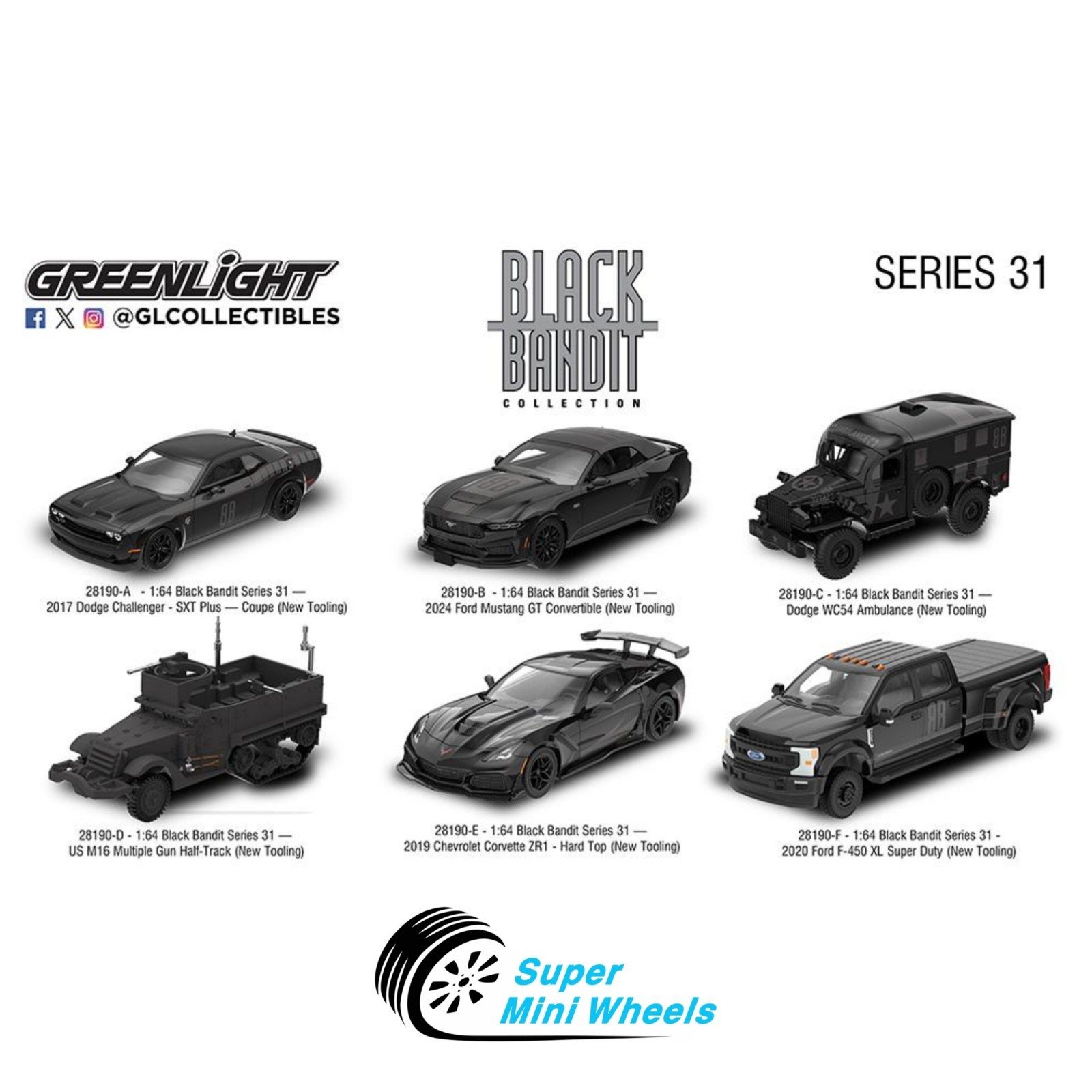 Greenlight 1:64 Black Bandit Series 31 Assortment 6 Cars Set #28190 Greenlight 1:64 Black Bandit Series 31 Assortment 6 Cars Set #28190