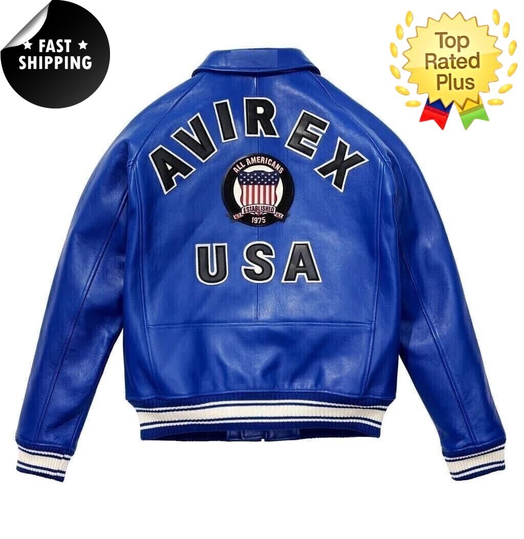 Mens Avirex Blue Real Bomber American Flight Jacket Leather Jacket FAST SHIPPING