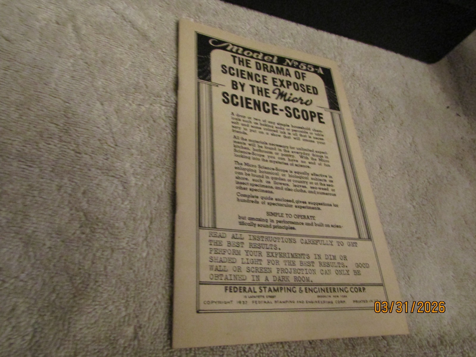 Vintage Micro Science Scope Microscope Model 55A Instruction Manual 1937 Federal Vintage Micro Science Scope Microscope Model 55A Instruction Manual 1937 Federal