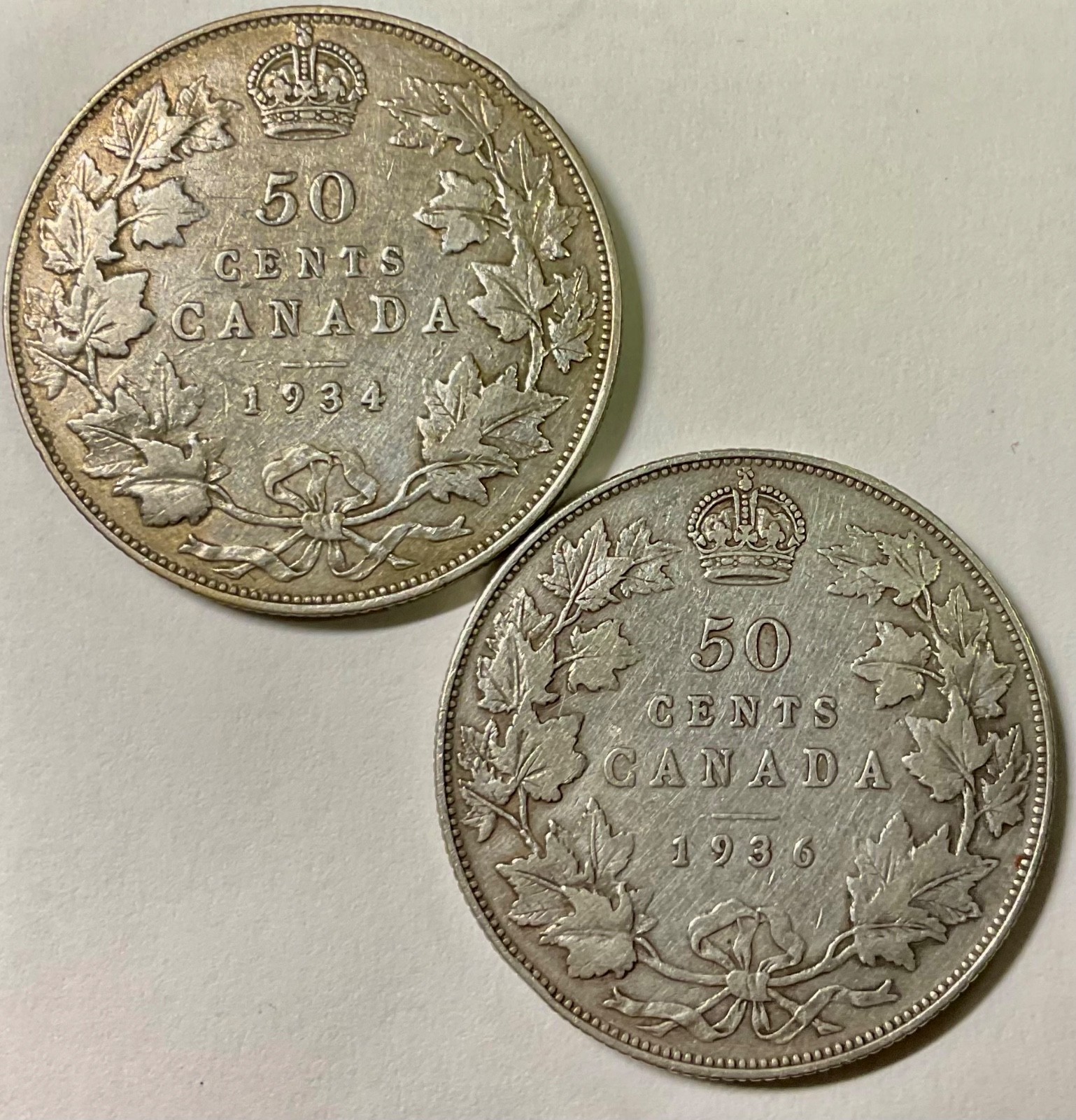 1934 & 1936 Canada George V 50 cents Silver better dates circulated coins