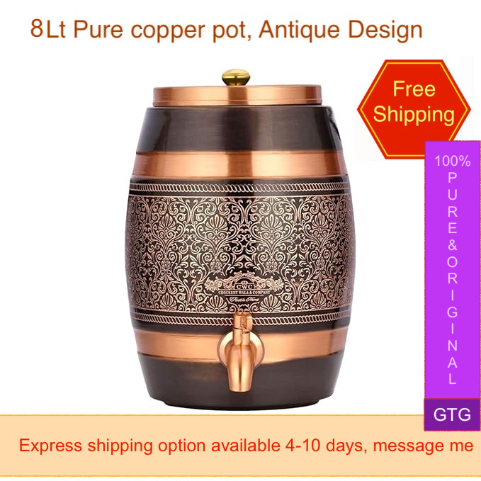 Pure Copper Water Dispenser Pot, Antique Engraved Barrel 8 Lt Countertop