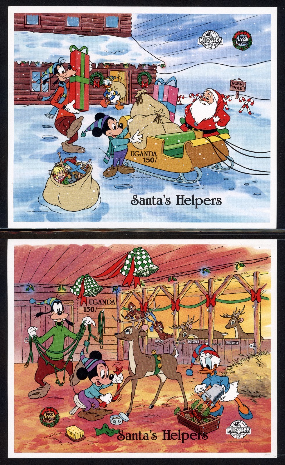 Uganda 1988 Disney Mickey's Christmas Scott# 649-650 RARE Imperforate Proof XF