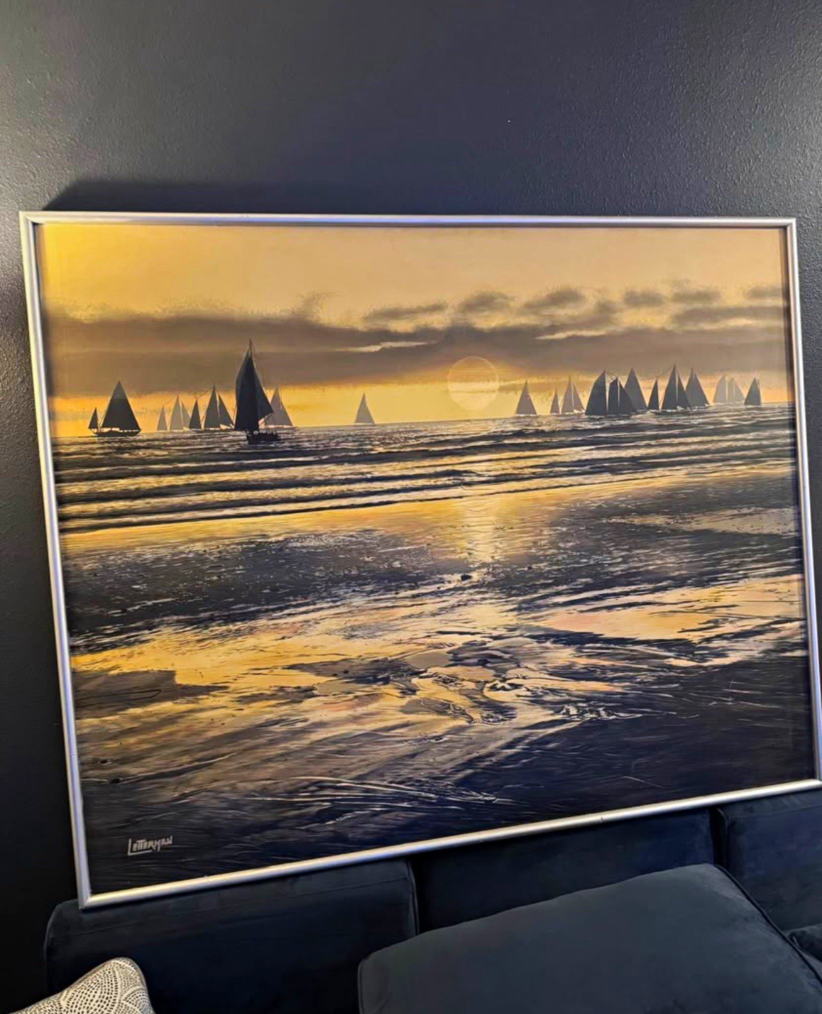 Beautiful 1970s Vintage original Letterman shoreline and sailboat oil painting Beautiful 1970s Vintage original Letterman shoreline and sailboat oil painting