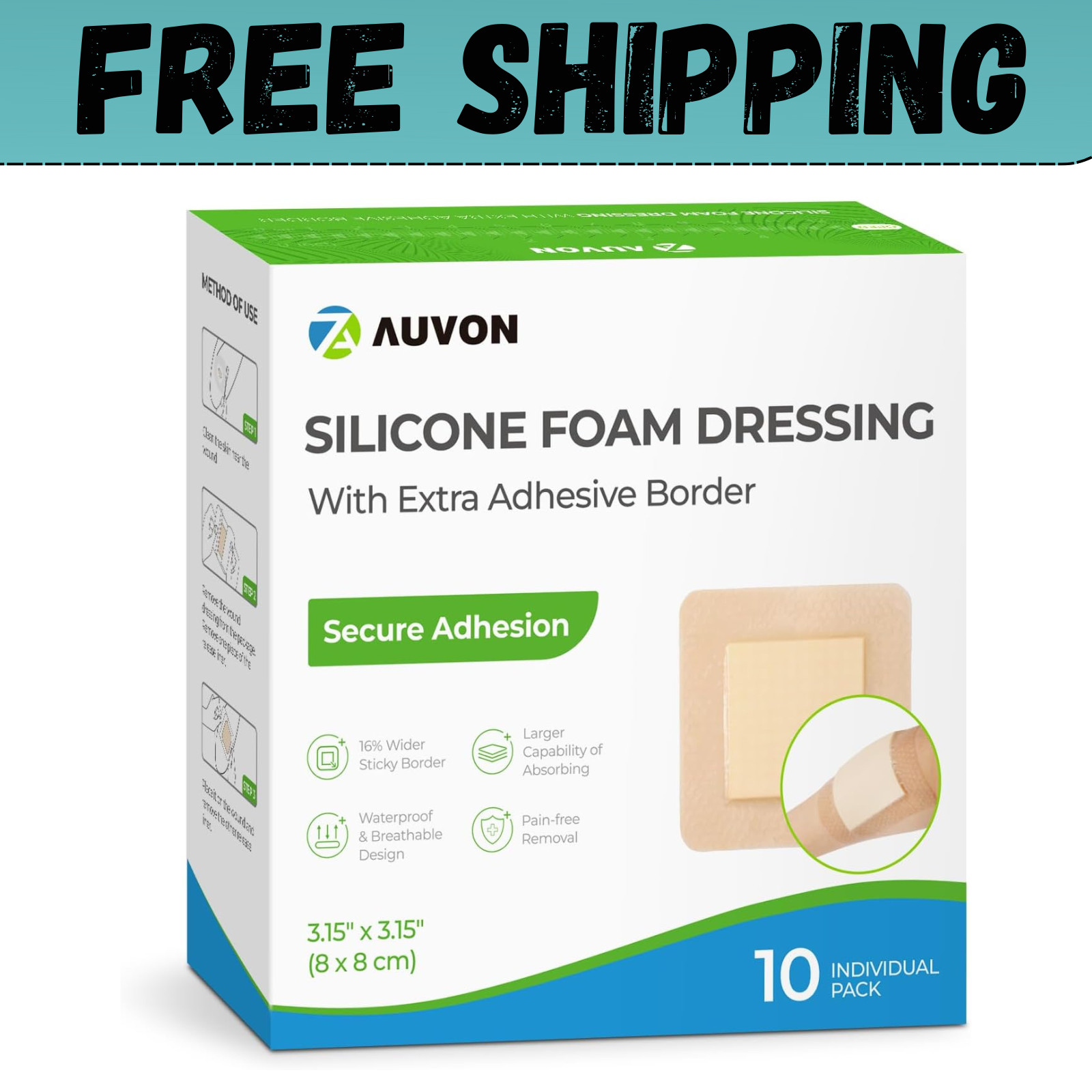 AUVON Silicone Foam Dressing with Large Adhesive Border, 3\