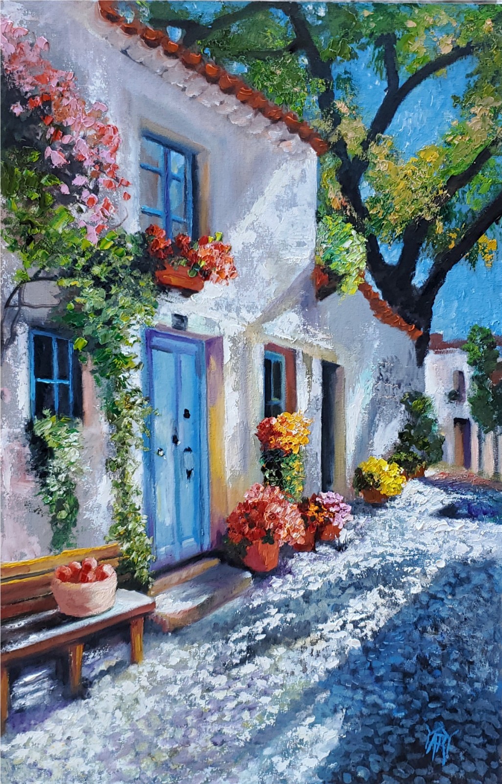 YARY DLUHOS Italy Village Cobblestone Street Light Shadow Original Oil Painting