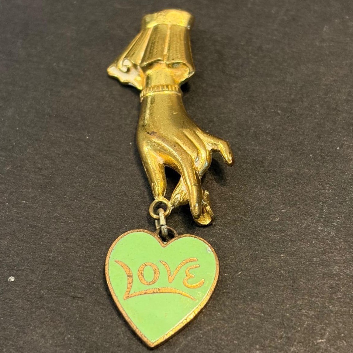 Vintage Gold Tone Victorian Hand Brooch Green Enamel Love Heart Dangle Pin