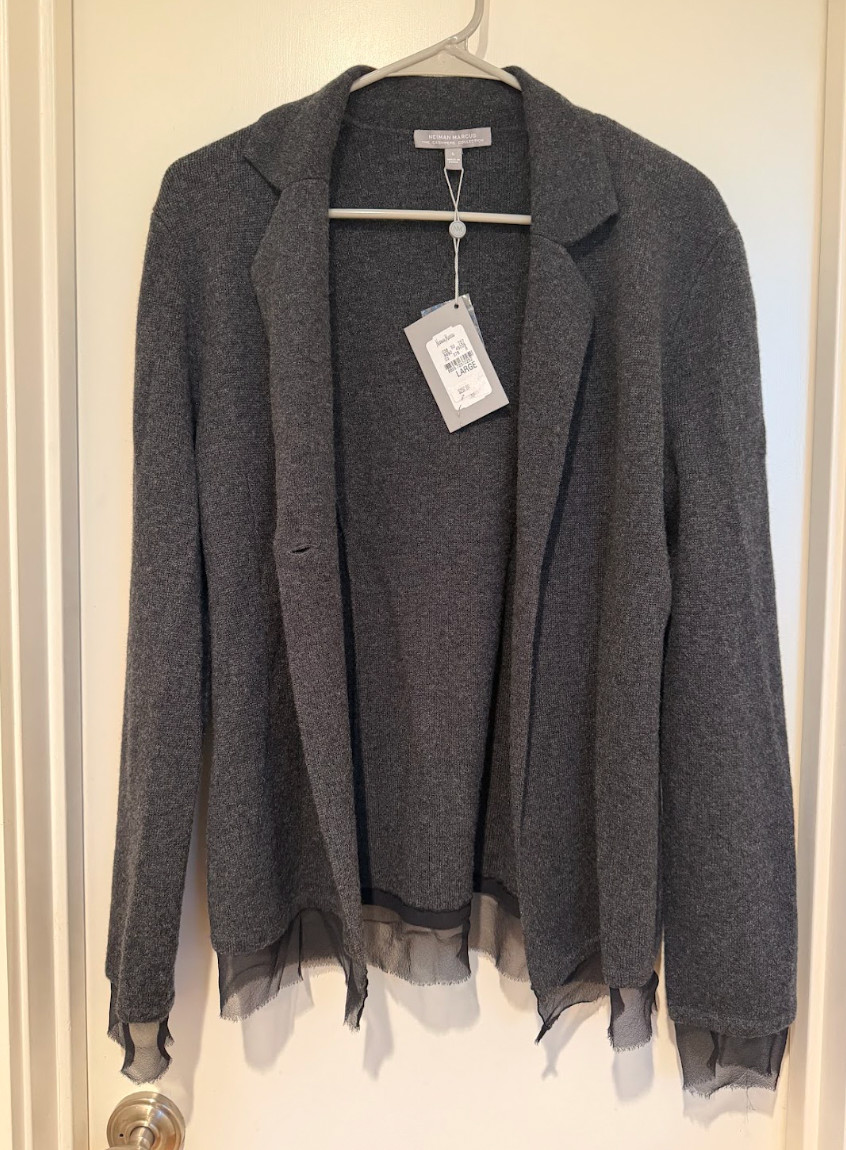 NWT Neiman Marcus LG Charcoal Cashmere Cardigan with Silk Edging (Orig. $297) NWT Neiman Marcus LG Charcoal Cashmere Cardigan with Silk Edging (Orig. $297)
