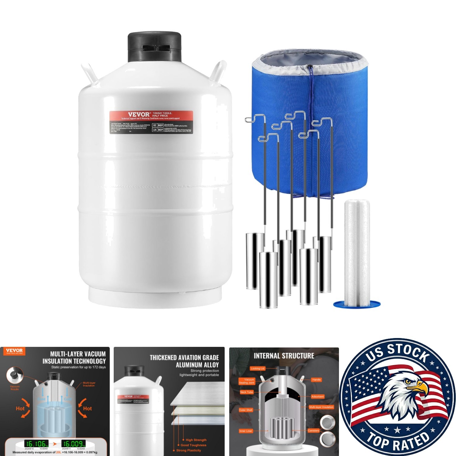 20L Aluminum Liquid Nitrogen Tank with 6 Canisters & Carry Bag for Safe Storage