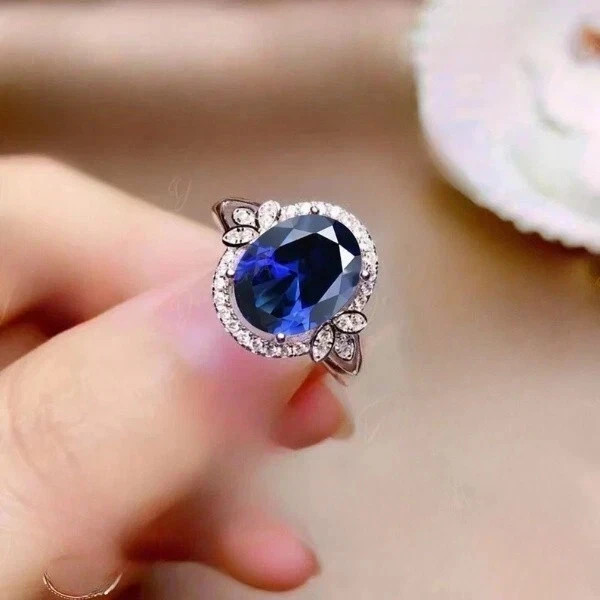 6.30 Ct Oval Cut Natural Blue Sapphire Diamond Wedding Ring 14K White Gold
