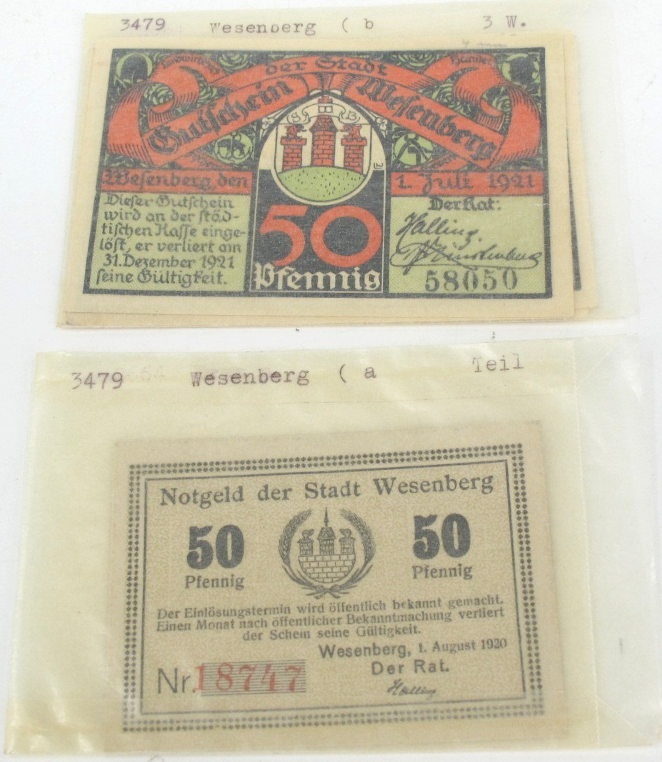 6 x war money & emergency money of the city of Wesenberg from 50 Pfennig - 1 Mark RARE
