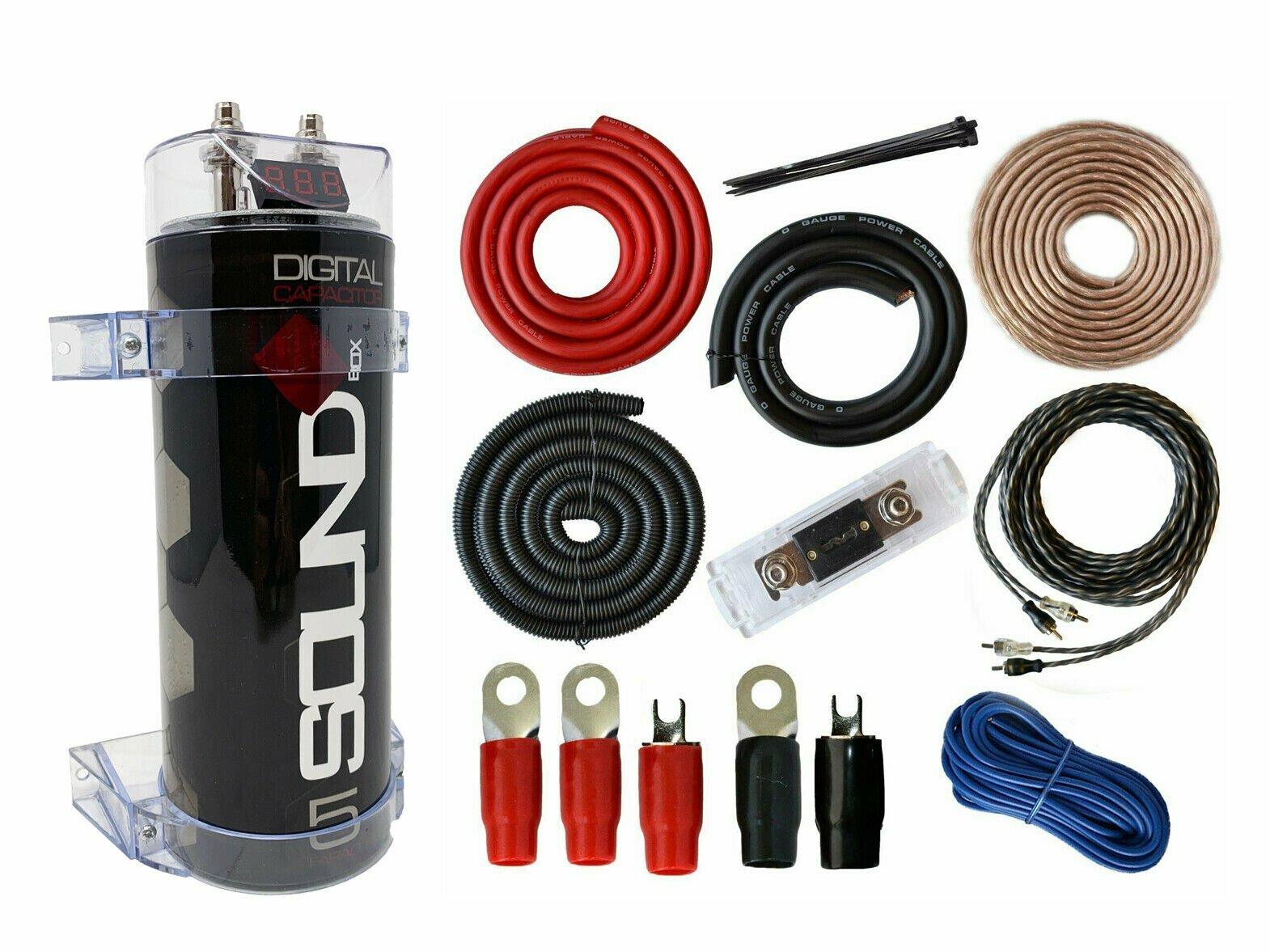 SoundBox 0 Gauge CCA Amplifier Install Wiring Amp Kit & 5 Farad Capacitor