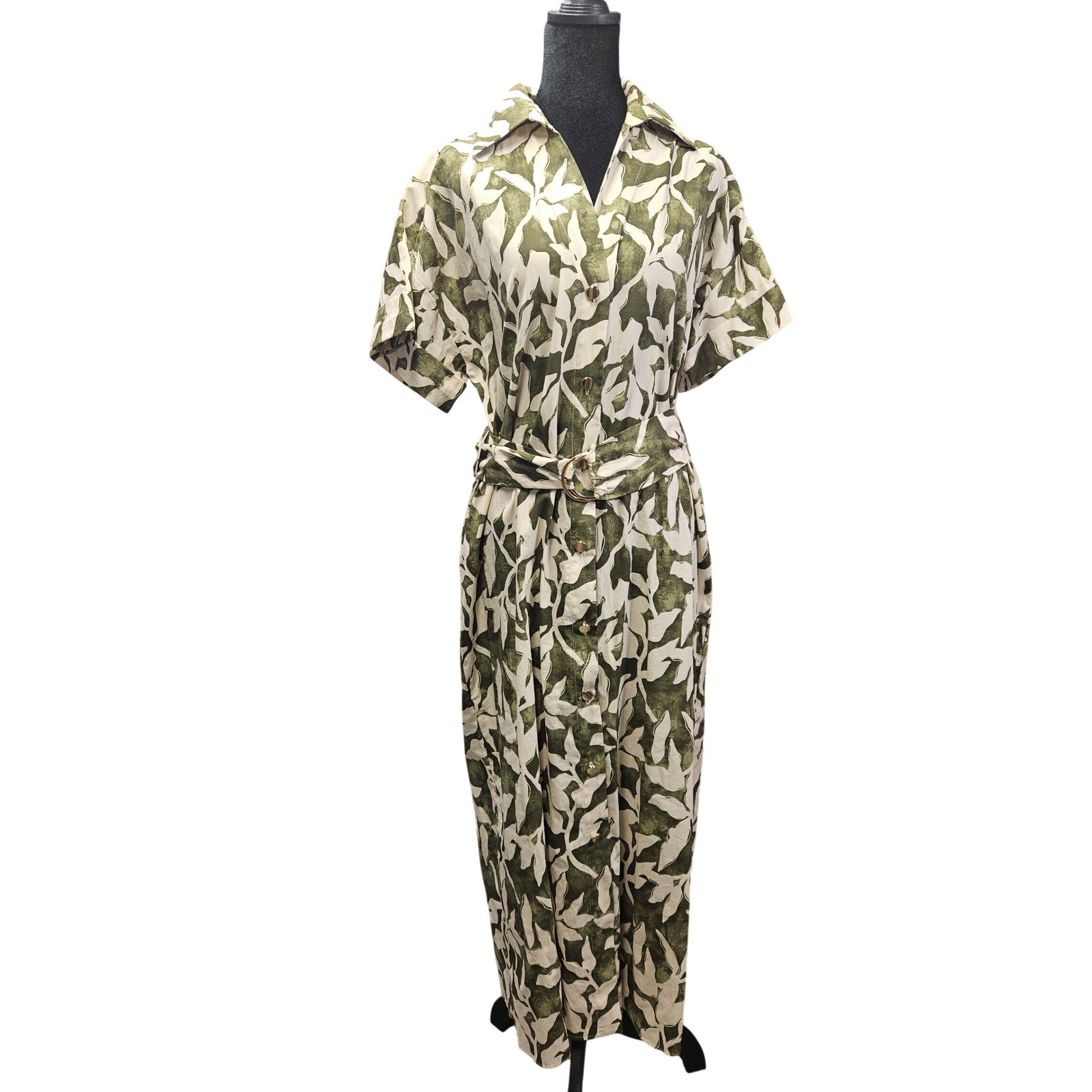 Zara Women Olive Green Leaf Print Belted Button Front Maxi Shirt Dress XS