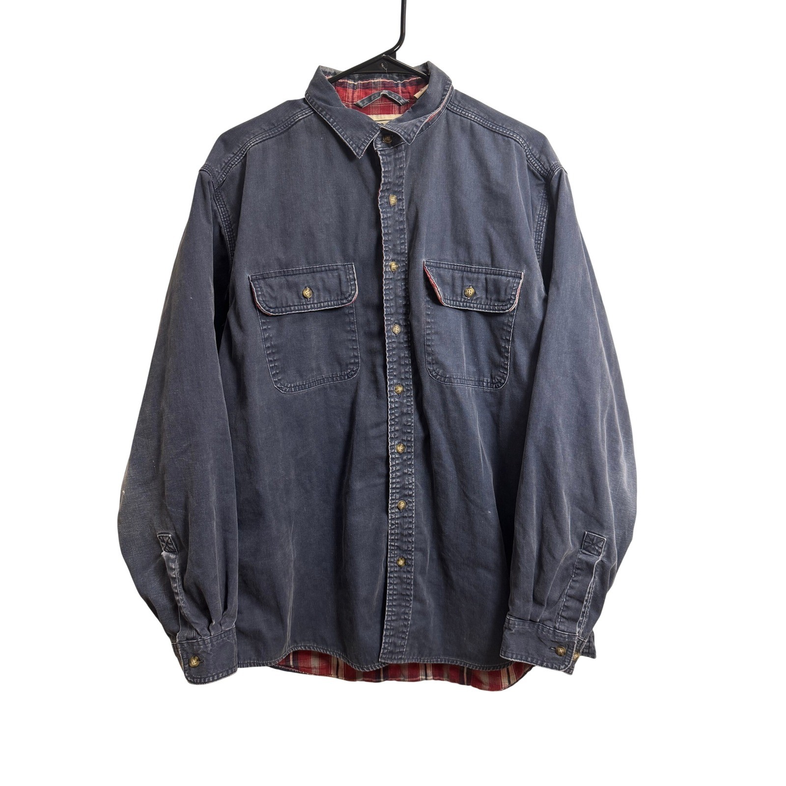 Vintage LL Bean Men\'s Large Flannel Lined Twill Shirt Navy Blue Plaid