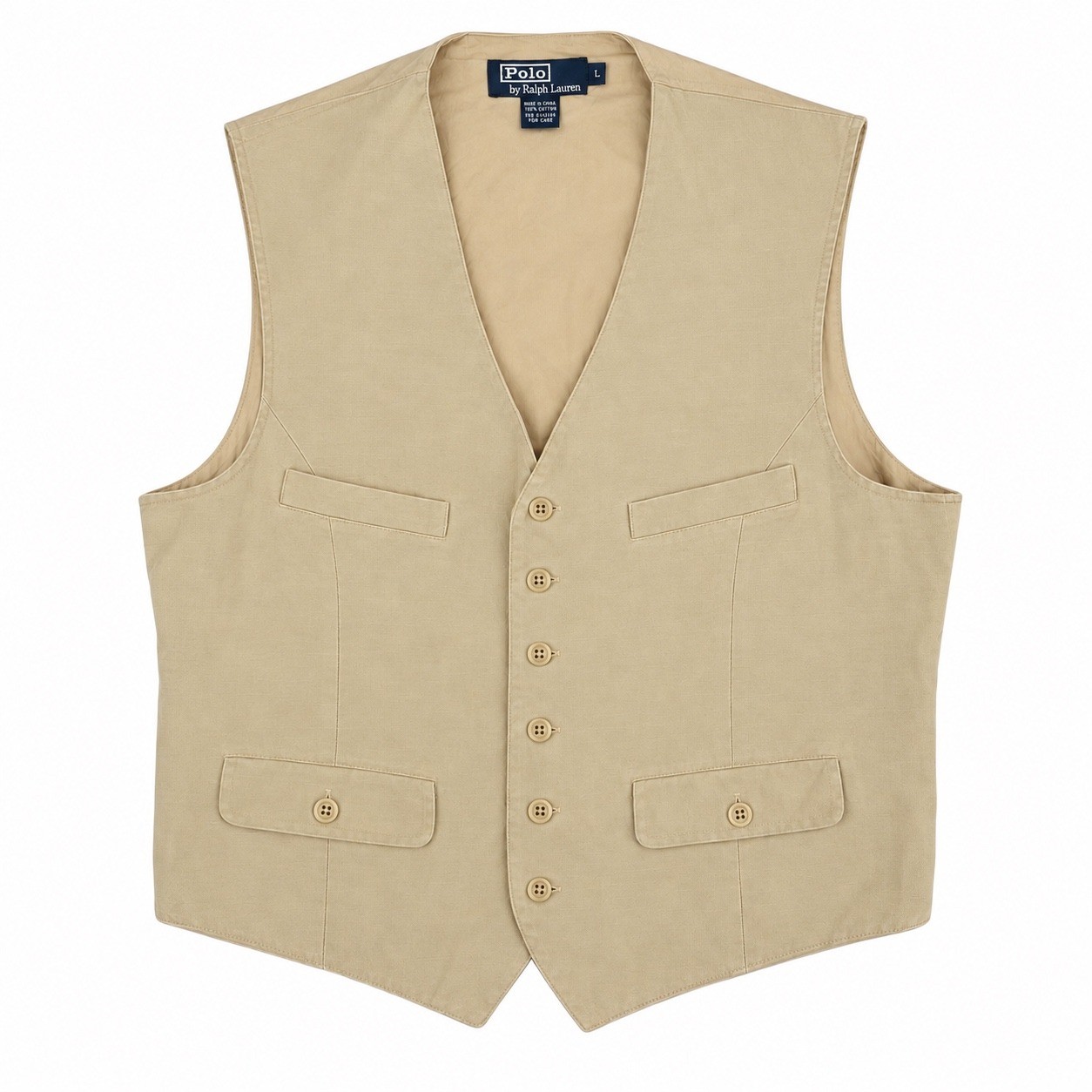 Vintage Polo Ralph Lauren Vest Men Large Beige Tan Waistcoat Canvas Cotton 90s