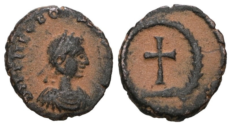 🔥THEODOSIUS II-402-457 AD-10mm/1.38g-VF-CROSS IN WREATH-RIC X-NICE PORTRAIT-AE4