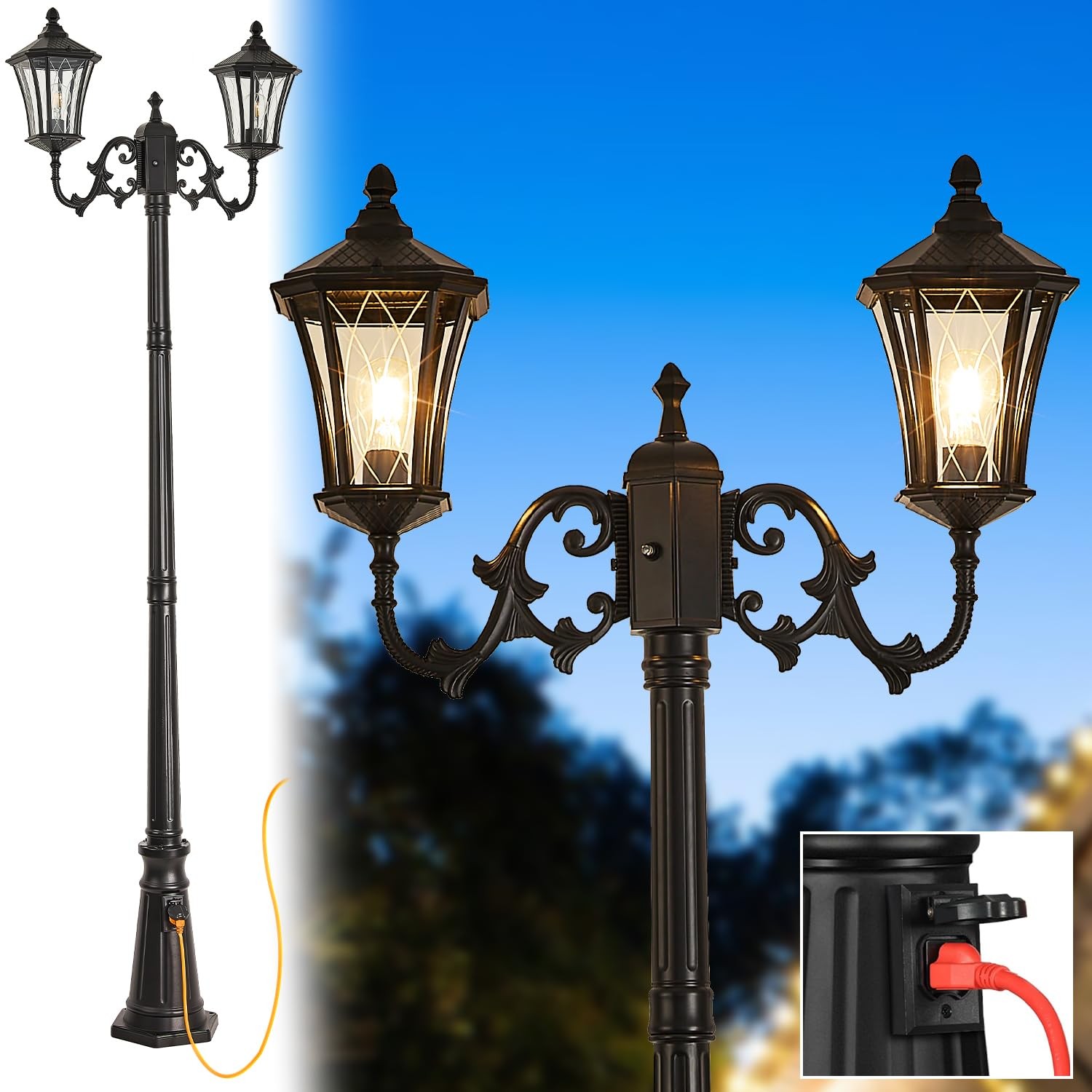 SCNYCUL 2-Head Hardwired Outdoor Lamp Post Light with Outlet Dusk to Dawn XL