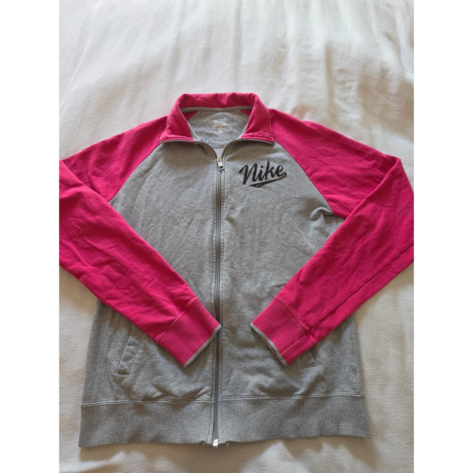Vintage Nike Track Jacket Grey Pink Raglan Full Zip Sweatshirt L