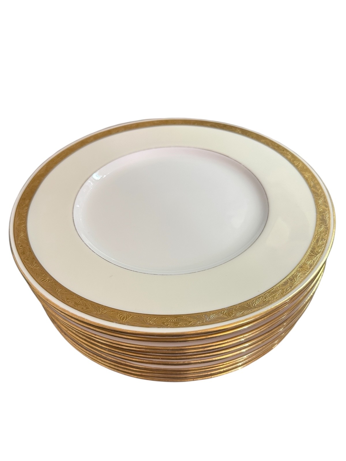 MINTON FOR TIFFANY NEW YORK GOLD ENCRUSTED CREAM DINNER PLATES SET OF 10 H3175
