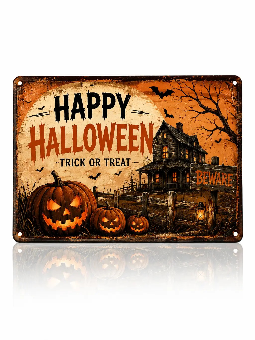Vintage Halloween Metal Tin Sign Happy Halloween Pumpkin Haunted House