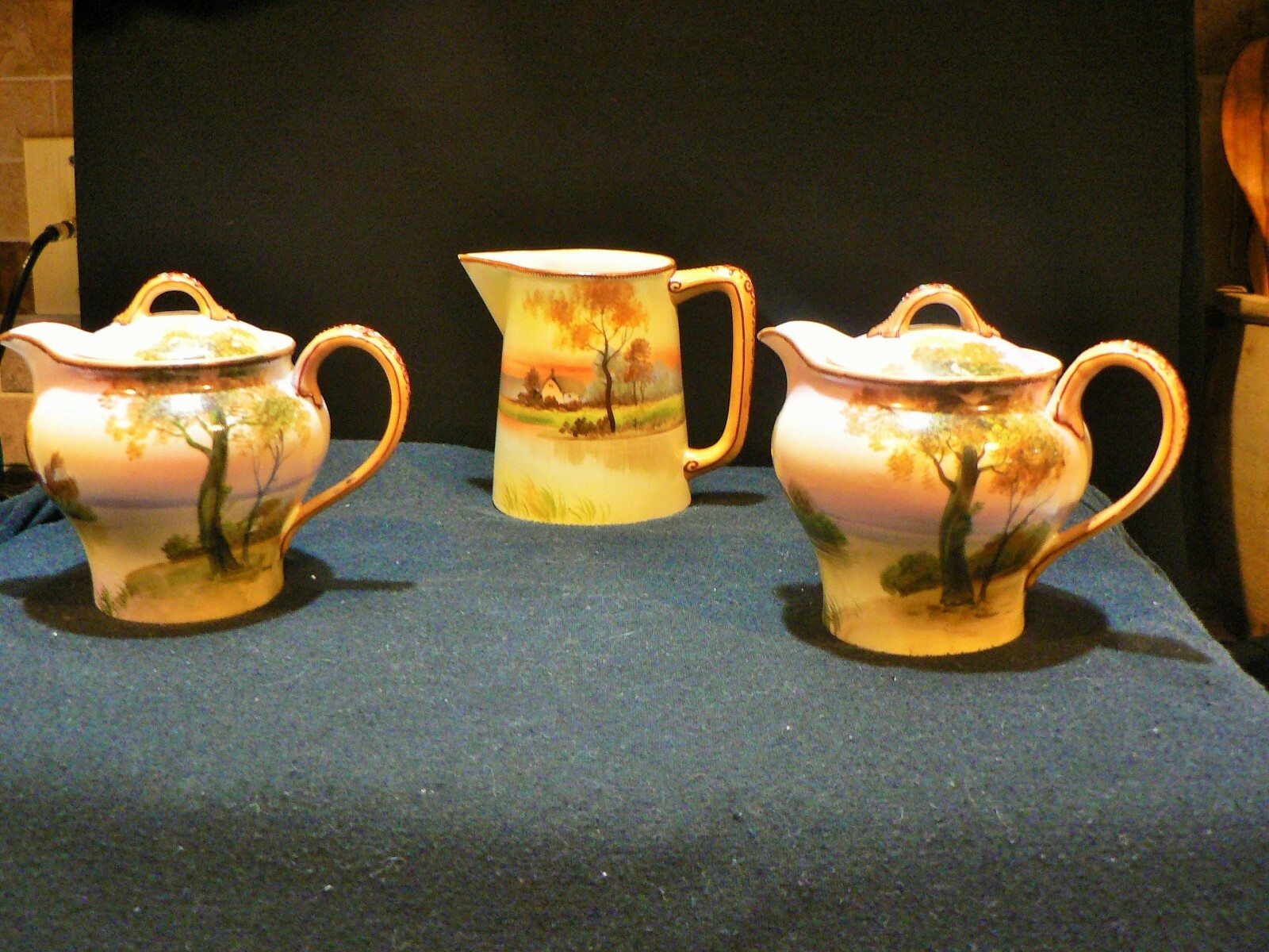 ESTATE *3* ANTIQUE NIPPON CREAMER & SYRUPS HP COTTAGE WATER SCENE BEADED c 1911 ESTATE *3* ANTIQUE NIPPON CREAMER & SYRUPS HP COTTAGE WATER SCENE BEADED c 1911