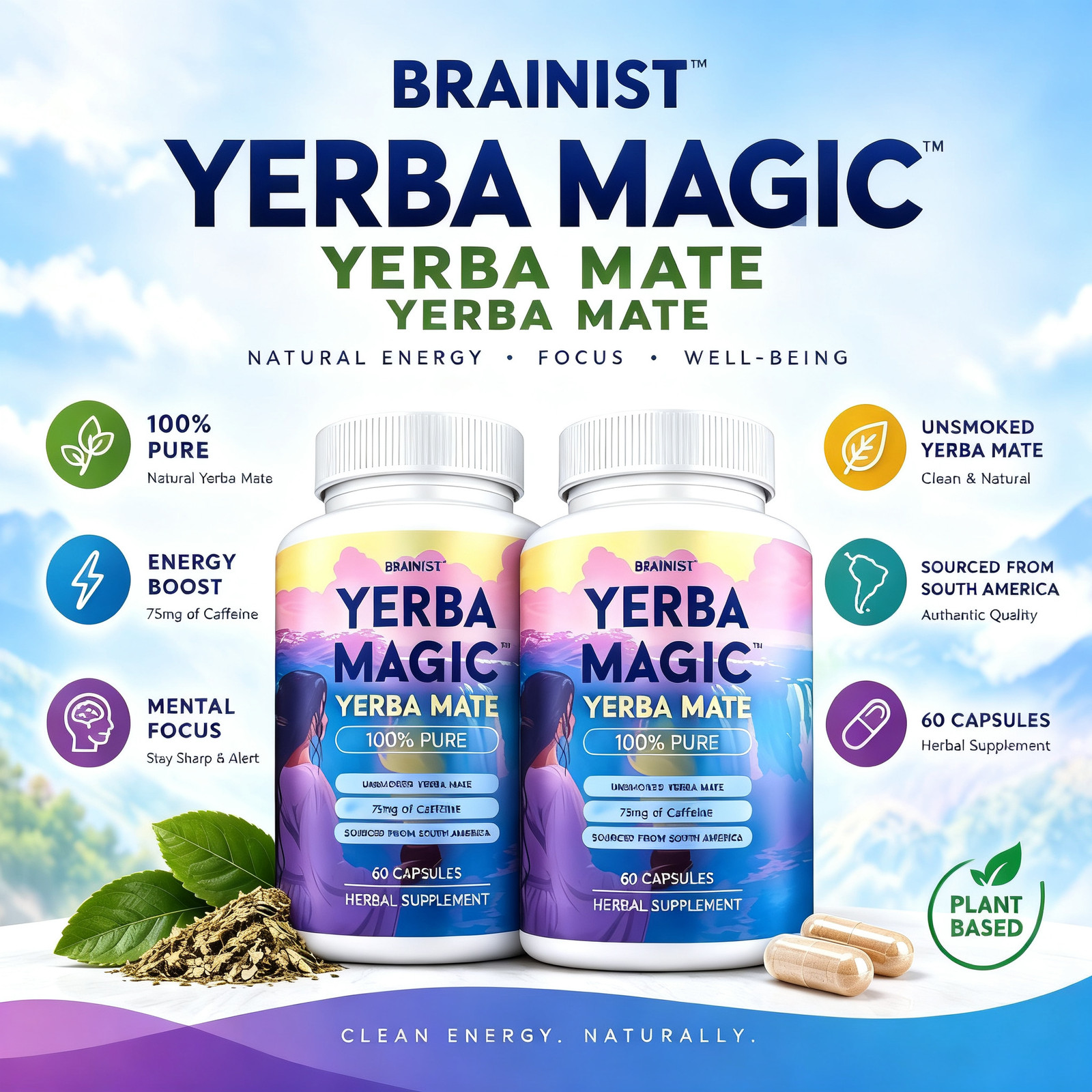 Yerba Mate Capsules, Yerba Magic, Pure Extract, 75mg Caffeine, 60 Count-2 PACK Yerba Mate Capsules, Yerba Magic, Pure Extract, 75mg Caffeine, 60 Count-2 PACK