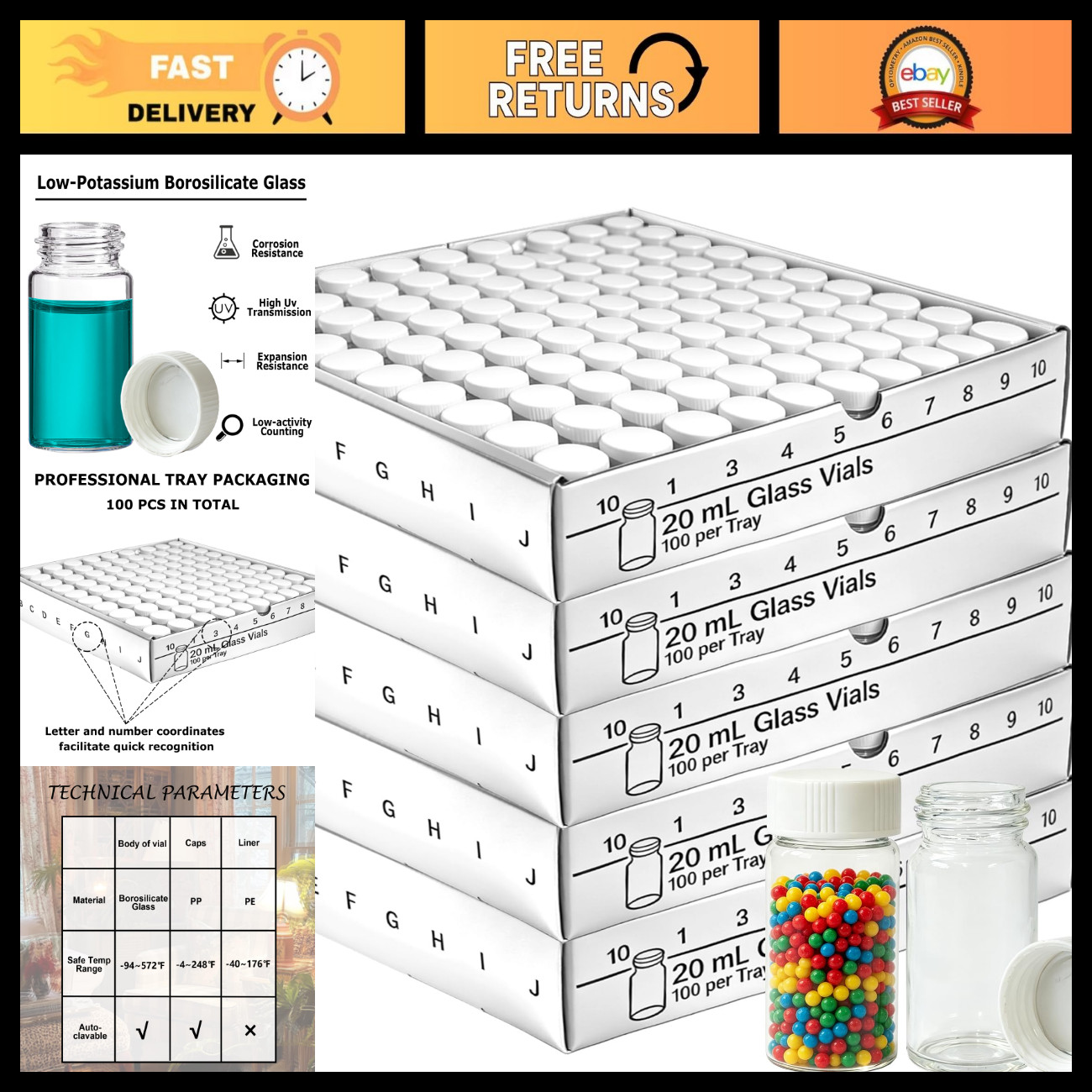 500Pcs 20mL Borosilicate Glass Vials with Screw Caps - Ideal for Storage & DIY