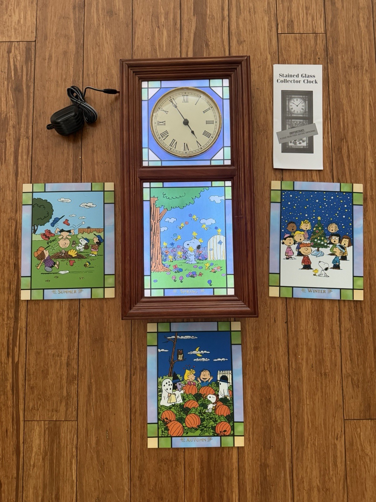 Vtg Danbury Mint Peanuts Snoopy Lighted Stained Glass Clock 4 Seasons Complete