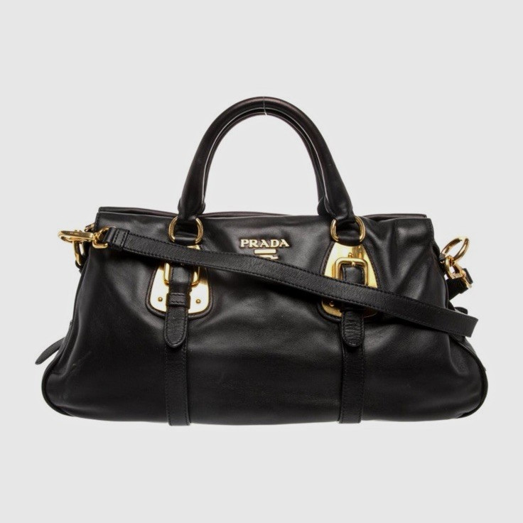 PRADA Black Leather Satchel Top Handle Zip Bag Gold Hardware Detachable Strap