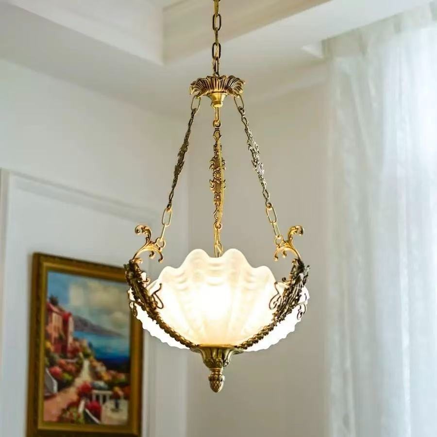 French Vintage Brass Chandelier Antique Glass Pendant Light Victorian Ceiling