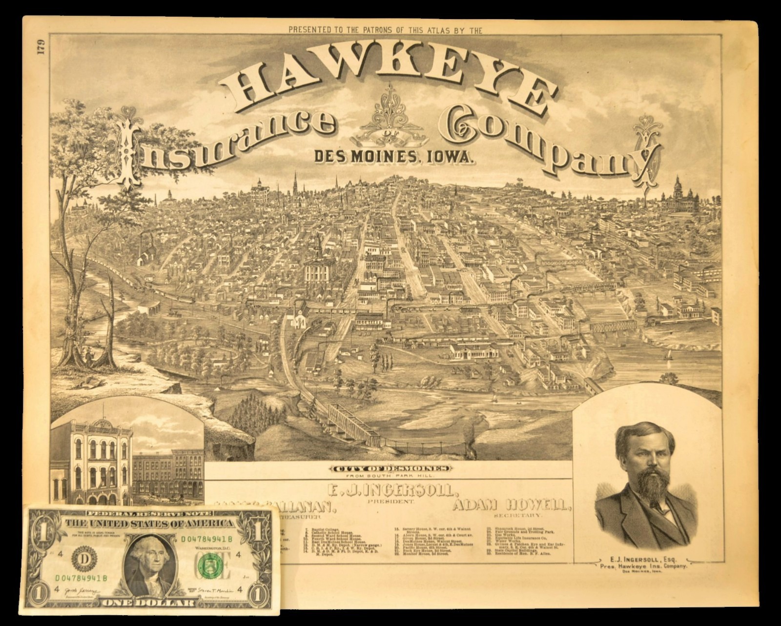ca1875 Des Moines Iowa Map Birdseye View Hawkeye Insurance Capital Courthouse