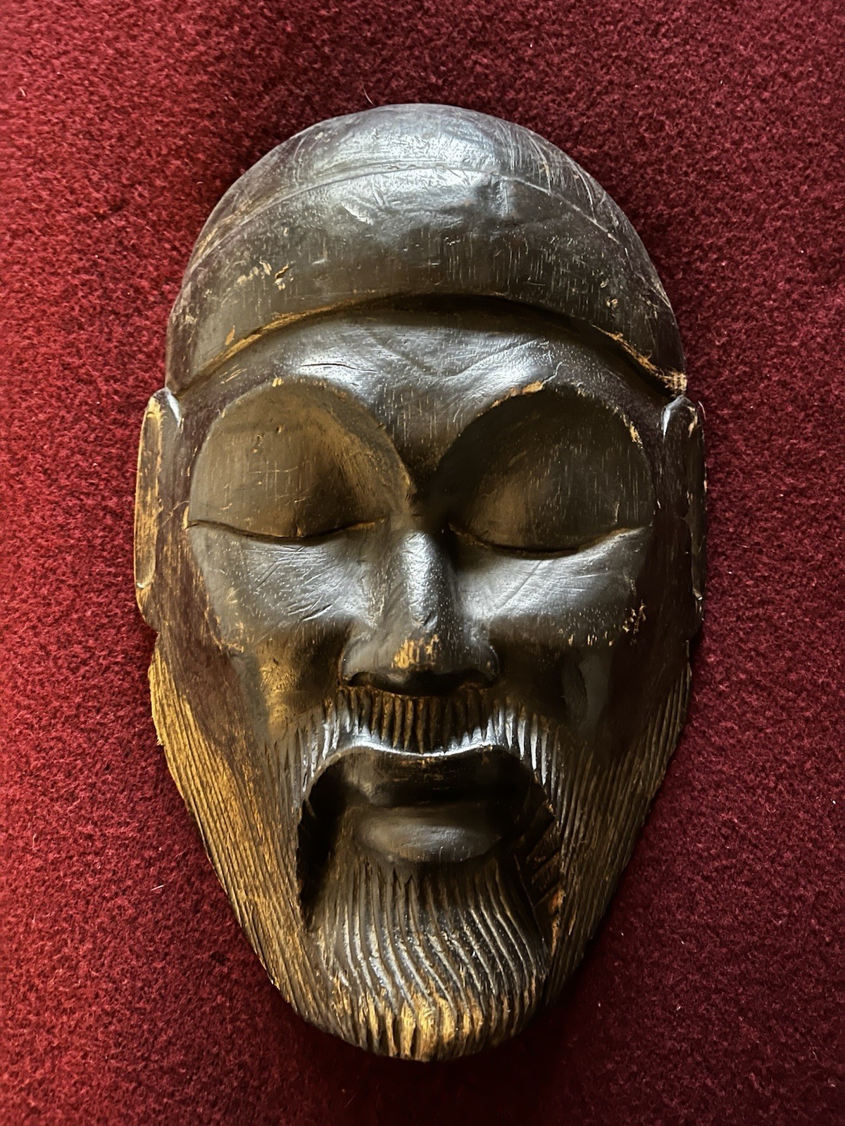 Vintage Wood Carved Indonesian Choi Sun Mask God of Wealth 13x8.375