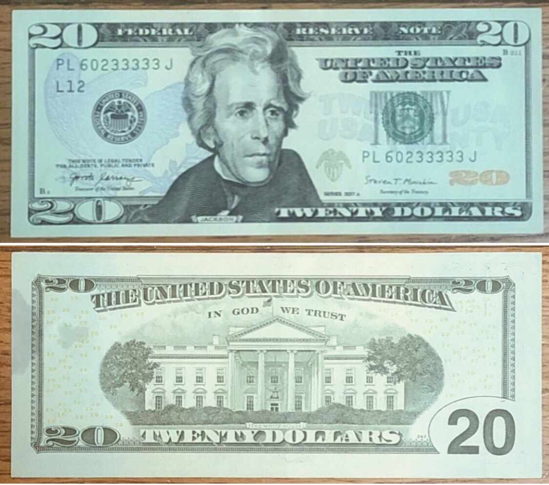 USA 2017A $20.00 Bill With Repeat Digit PL60233333J￼”