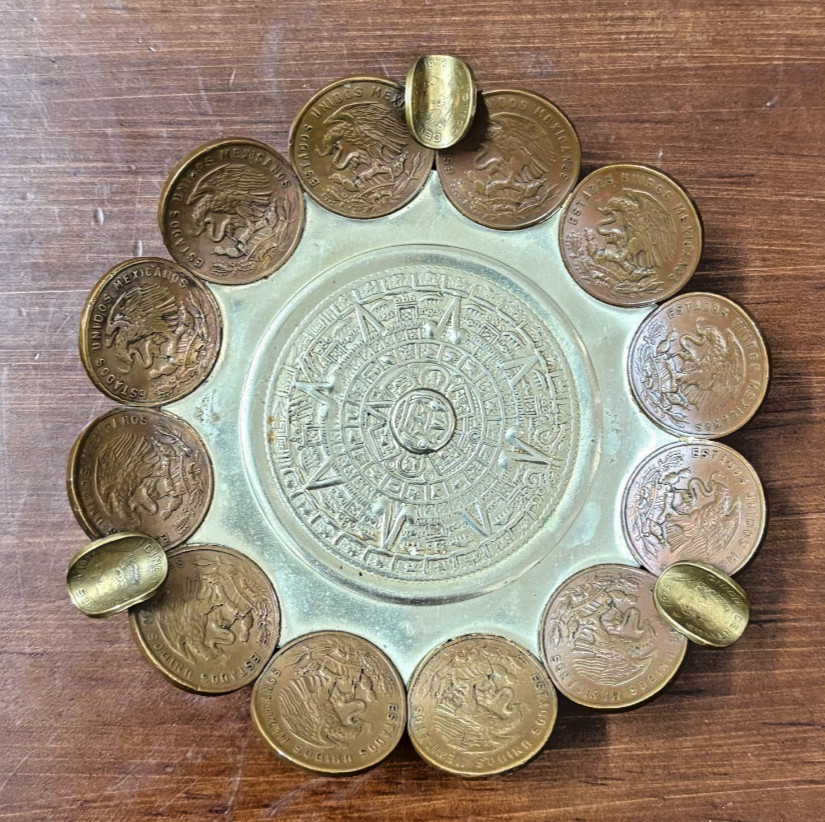 Vintage Mexican Coin Ashtray Aztec Calendar Brass Mexico Souvenir 1960s 1970s Vintage Mexican Coin Ashtray Aztec Calendar Brass Mexico Souvenir 1960s 1970s