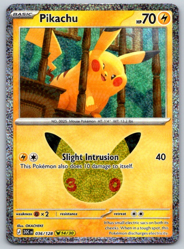 Pikachu Holo ME: 30th Celebration 036/128 Pokemon Card NM