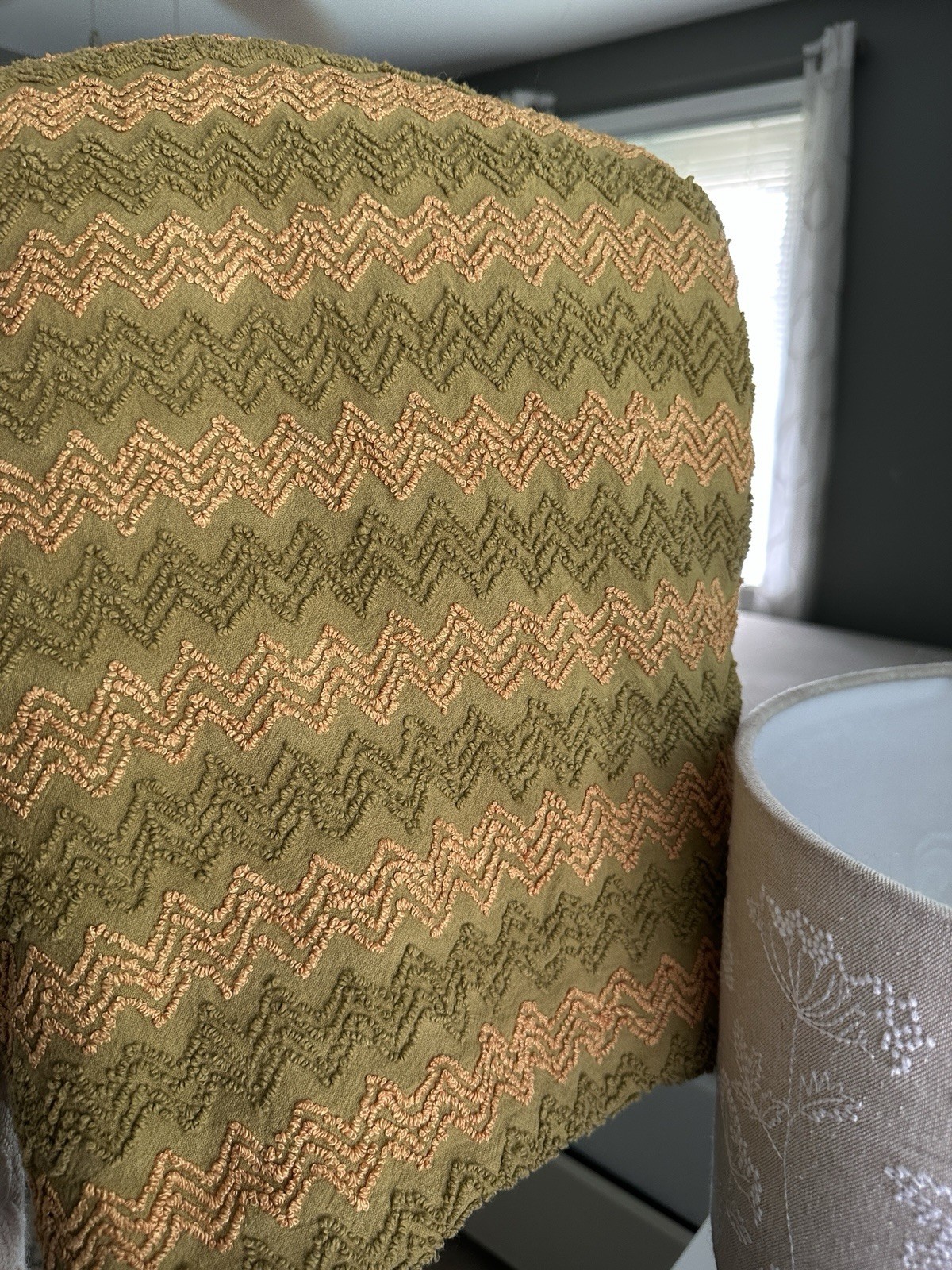 *Dirty Martini* Vintage Olive Green & Gold Chevron Chenille Bedspread~88x100