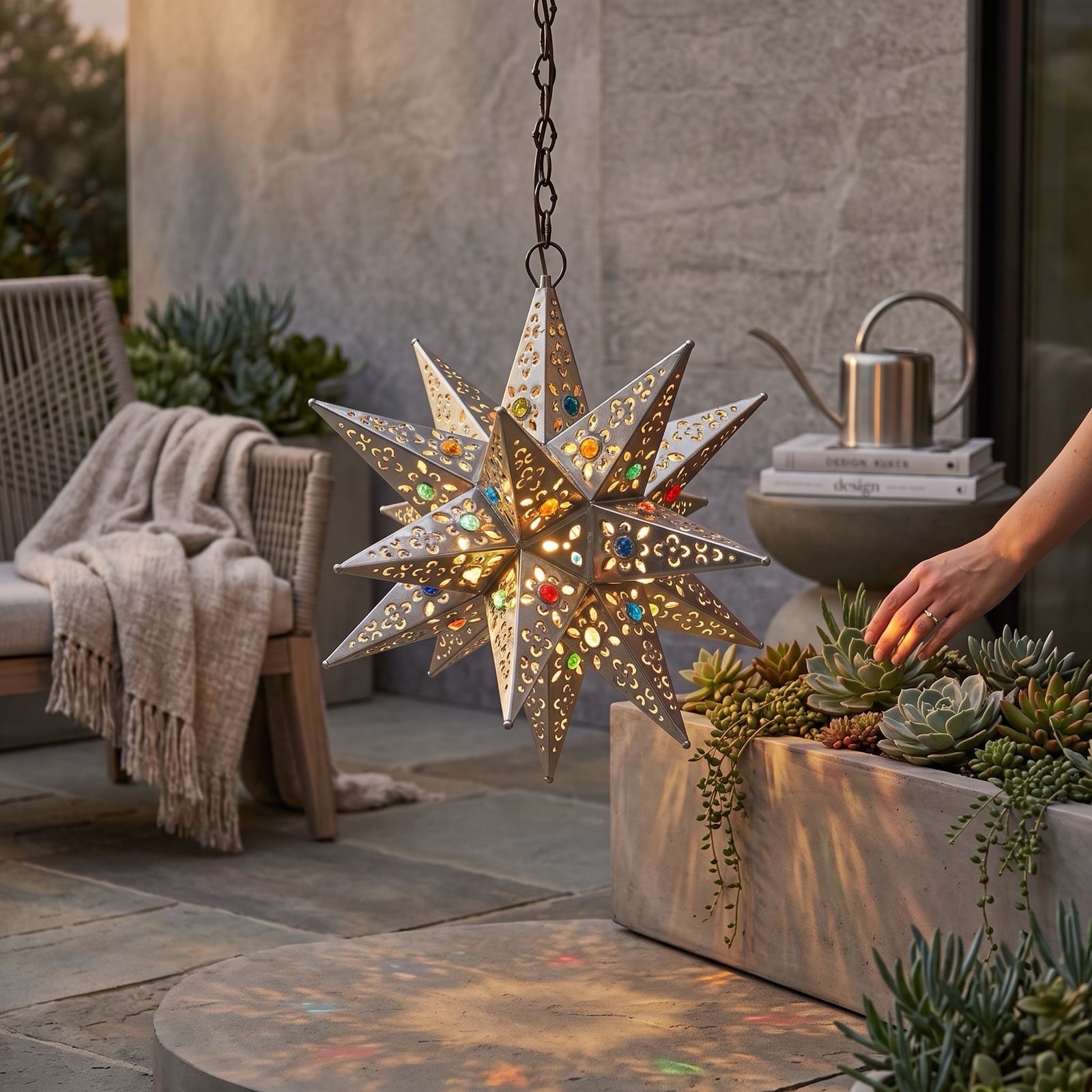 Moravian Star Pierced Metal Glass Pendant Light Lamp Hanging w/marbels 13 \'\'