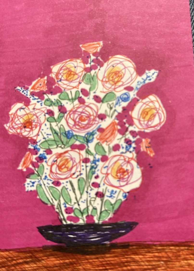 2Original art card ACEO dorisann1022 marker Flower Bouquet Peony Red
