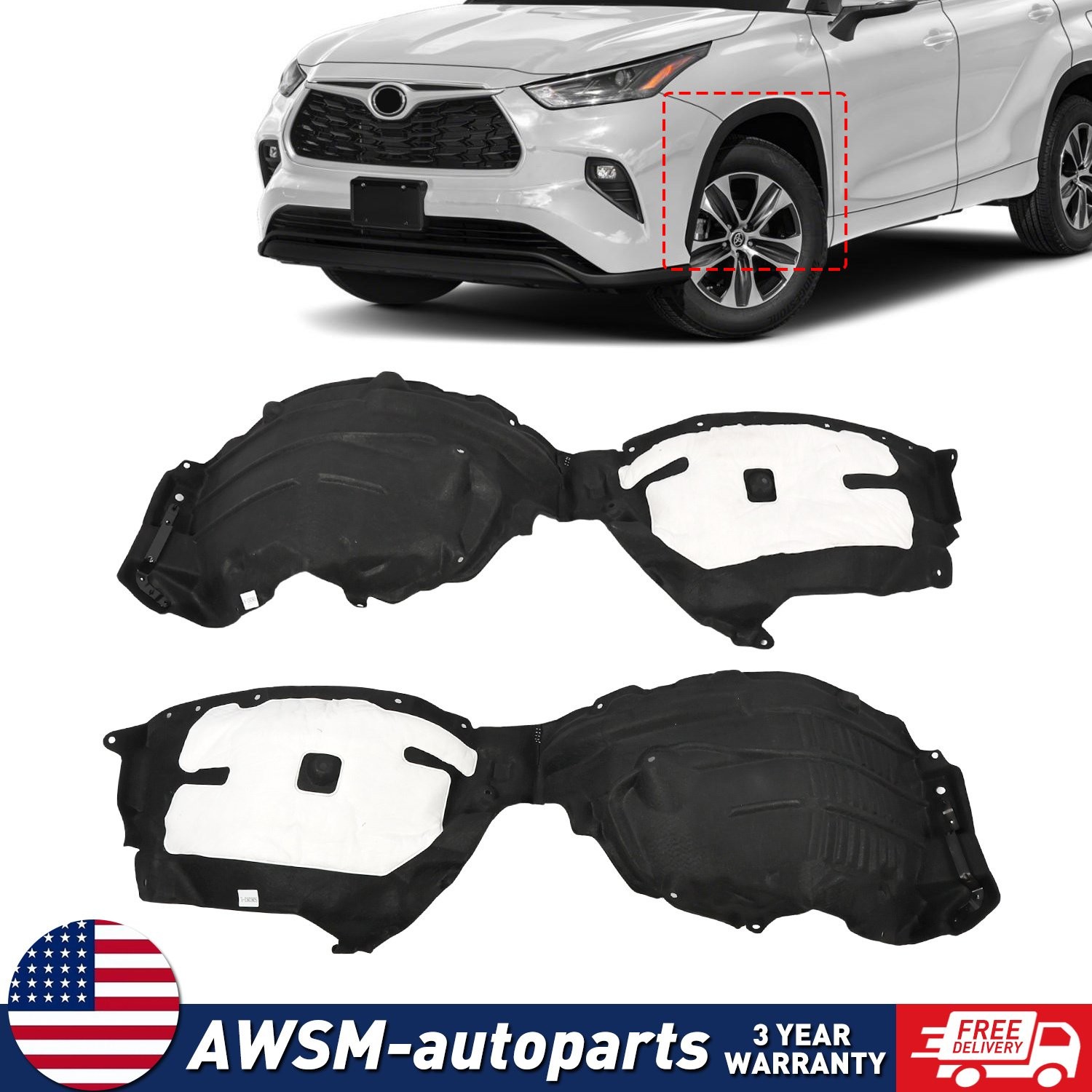Pair Front Left & Right Side Inner Fender Liners For 2020-2024 Toyota Highlander