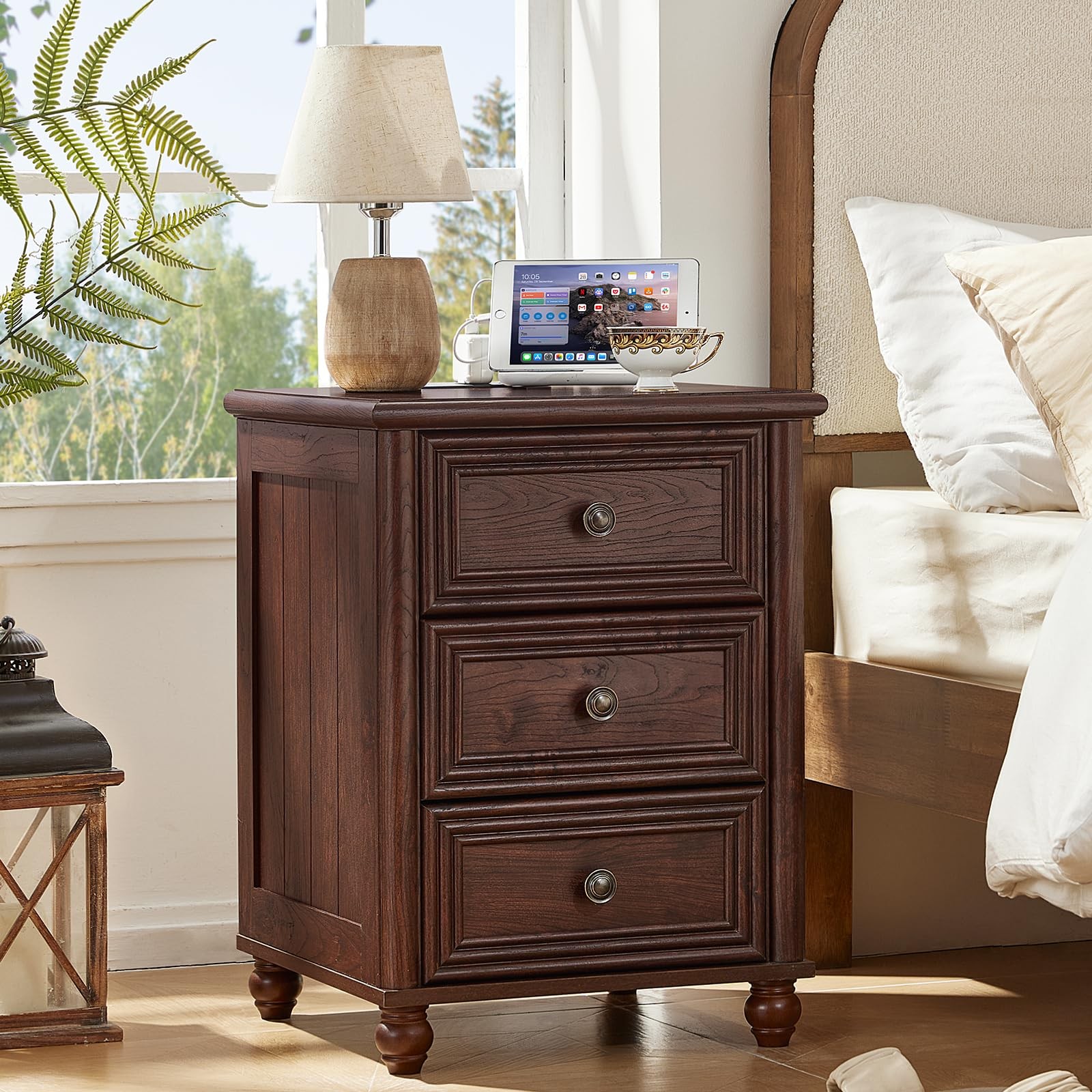 18 Farmhouse Nightstand Charging Station USB Walnut 3 Drawers Wood Bedside Table