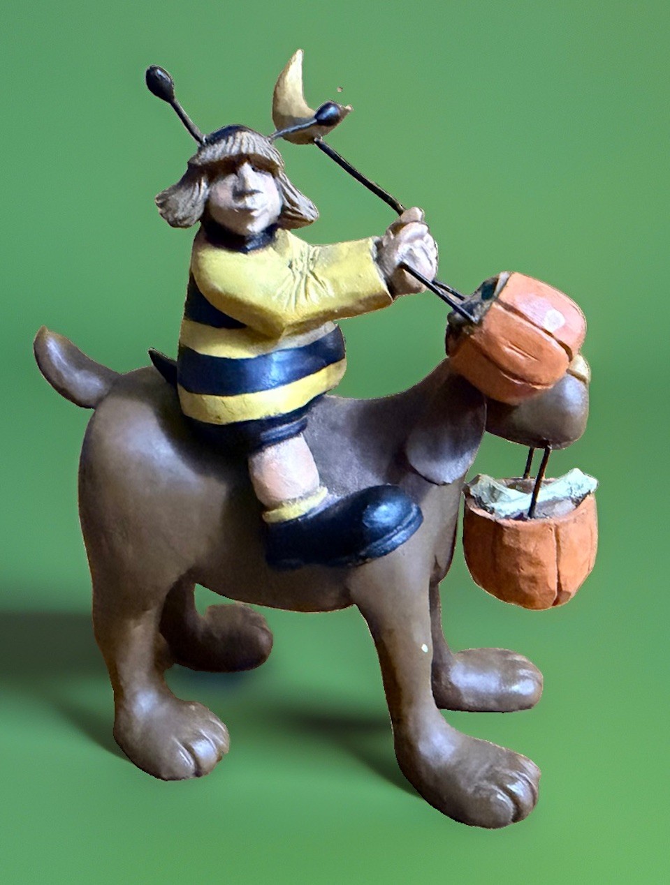 Williraye Studio WW6008 Halloween Bee Child Riding Dog Pumpkin Folk Art Figurine Williraye Studio WW6008 Halloween Bee Child Riding Dog Pumpkin Folk Art Figurine