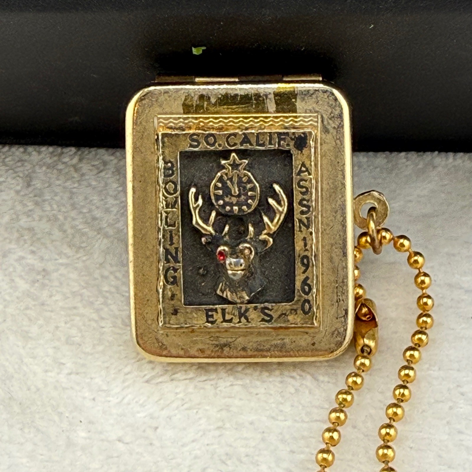 Vintage Elks Lodge Key Chain  Bowling Assn 1960 Pill Box Locket Gold Tone READ