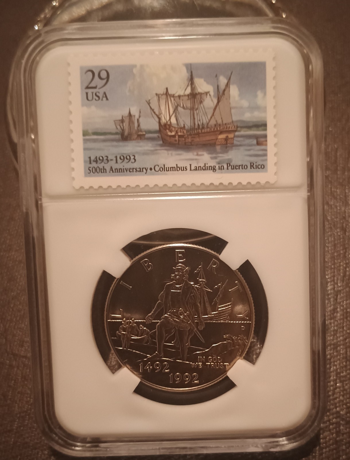 1992 D Columbus UNC Clad Half Dollar Commemorative Coin ENCASED w Matching Stamp