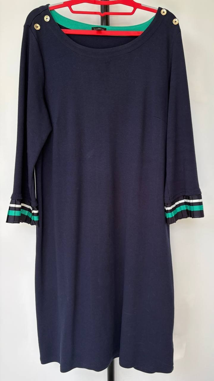 Talbots Navy Blue Shift Dress - L - Pleated Cuffs Gold Button Nautical Preppy