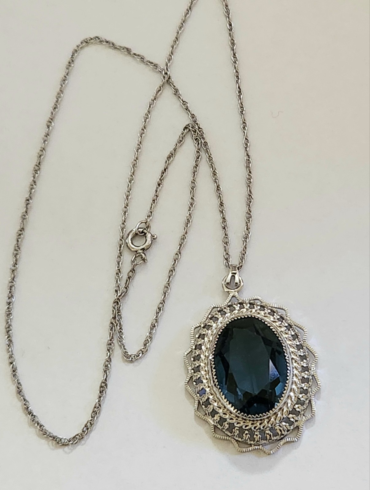 Vintage Signed Danecraft Sterling Blue Faceted Glass Pendant Necklace