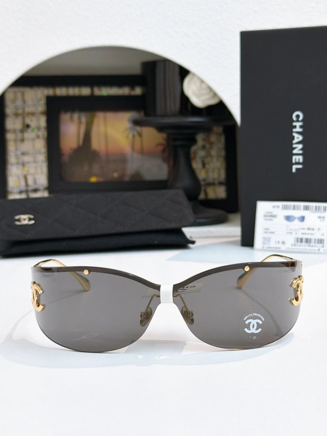 CHANEL A71787 Coco Beach Shield Sunglasses Women Gray Lens CC Logo Shades