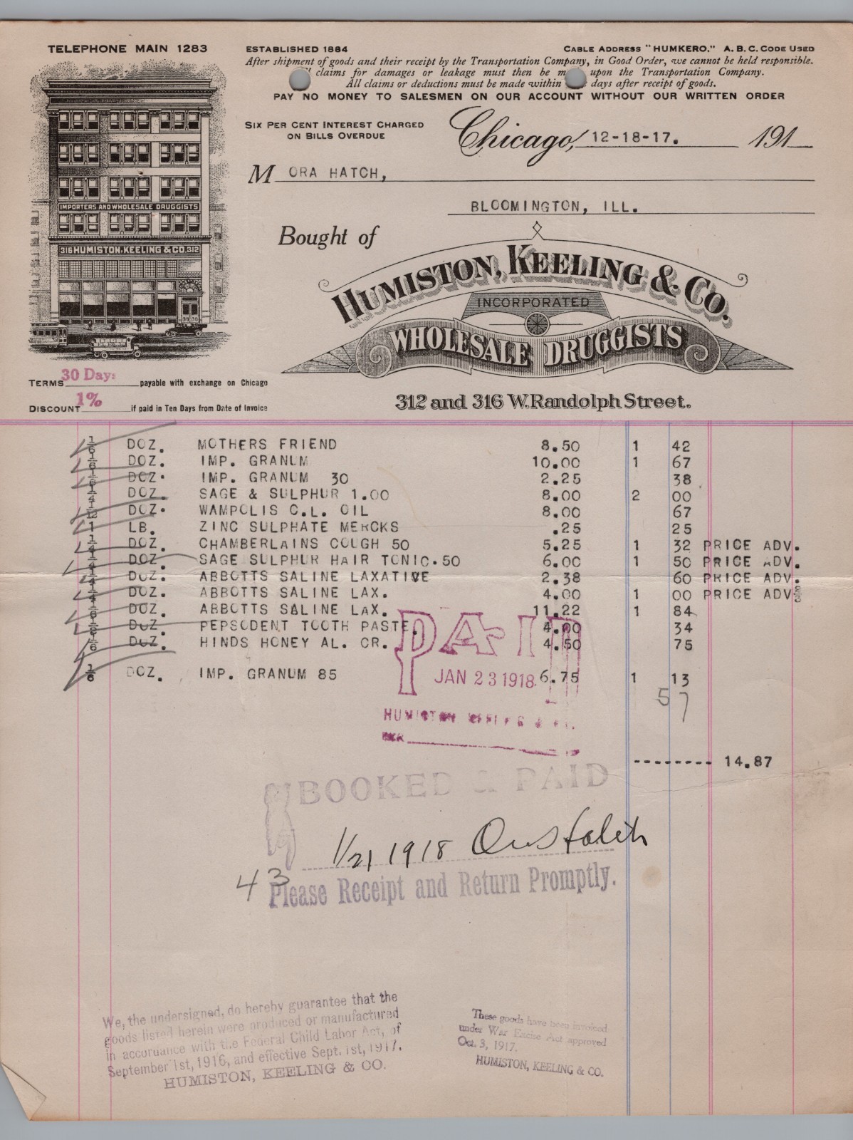 1917 Humiston Keeling Co Chicago Wholesale Druggist Invoice Billhead Patent Medi 1917 Humiston Keeling Co Chicago Wholesale Druggist Invoice Billhead Patent Medi