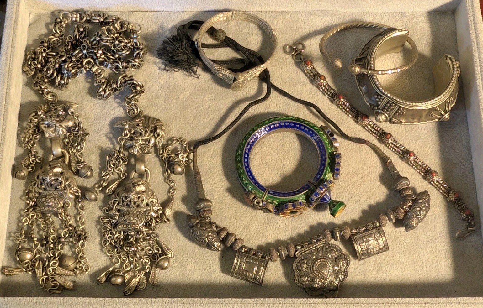Vintage Lot Of Berber Tibetan Asian Silver Handmade Jewelry Bracelets Necklaces