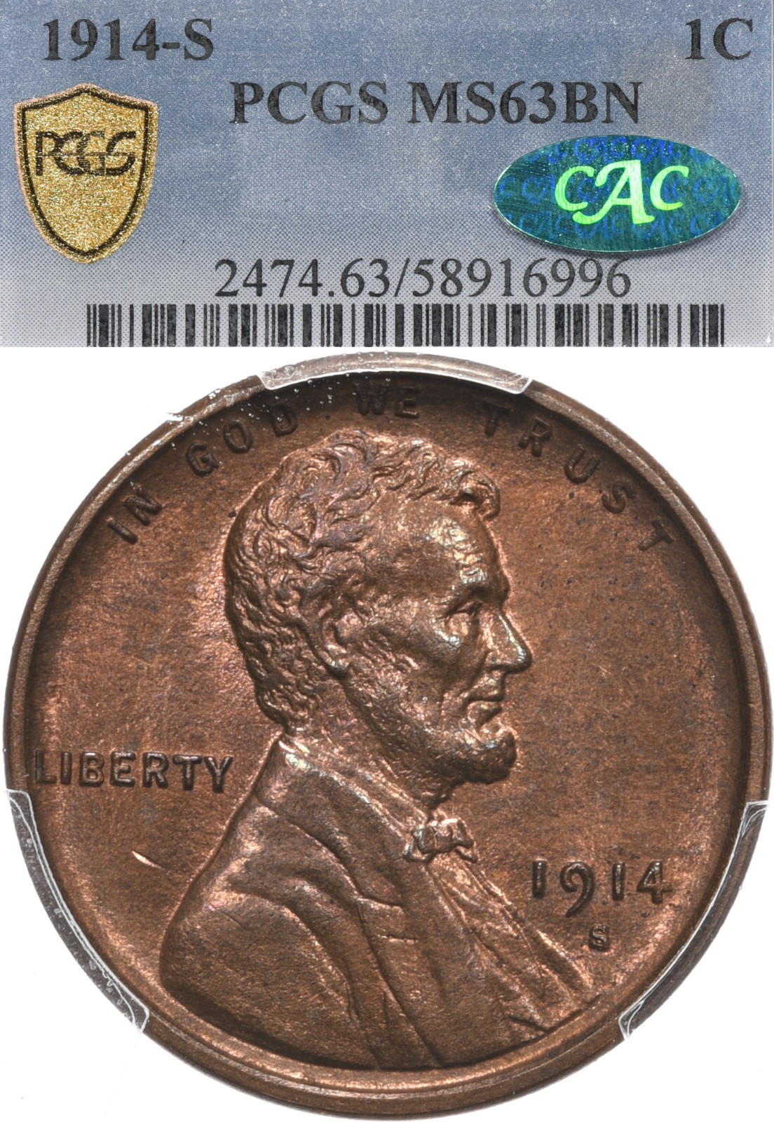 1914-S 1C PCGS MS63 BN CAC Lincoln Wheat Cent Brown - Hints of Red
