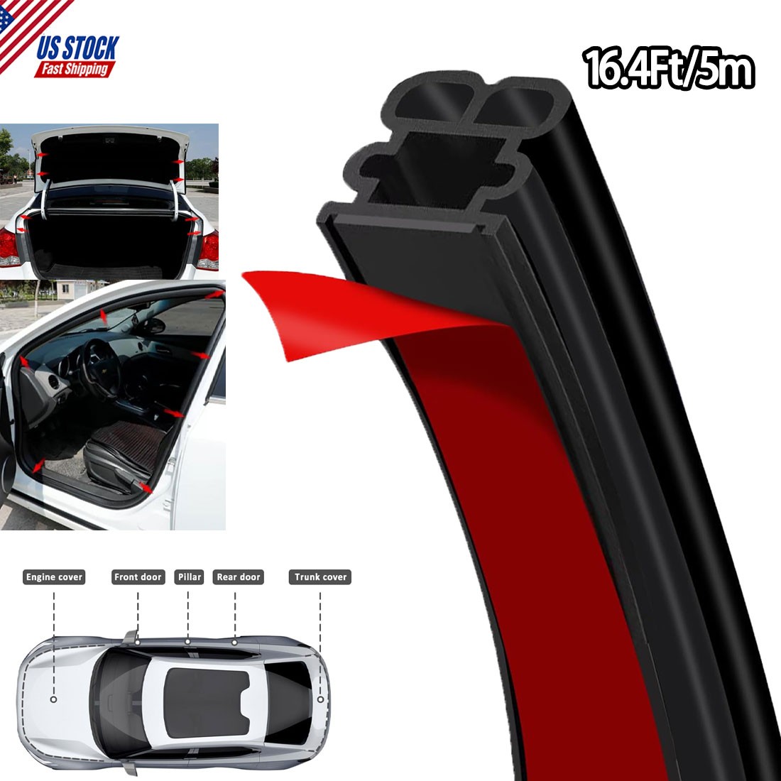 16.4Ft Car Door Seal Strip Weather Stripping Automotive Thick Rubber Seal Trim