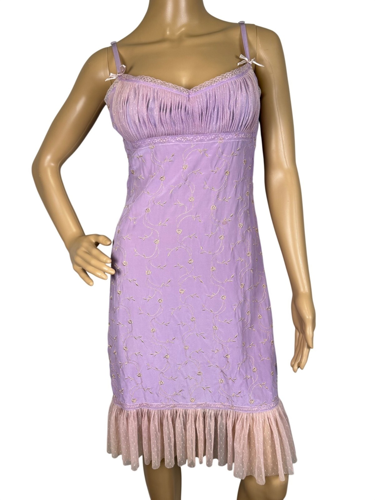 Vintage Betsey Johnson Purple Silk Slip Dress Embroidered Lace Tulle Y2K Fairy